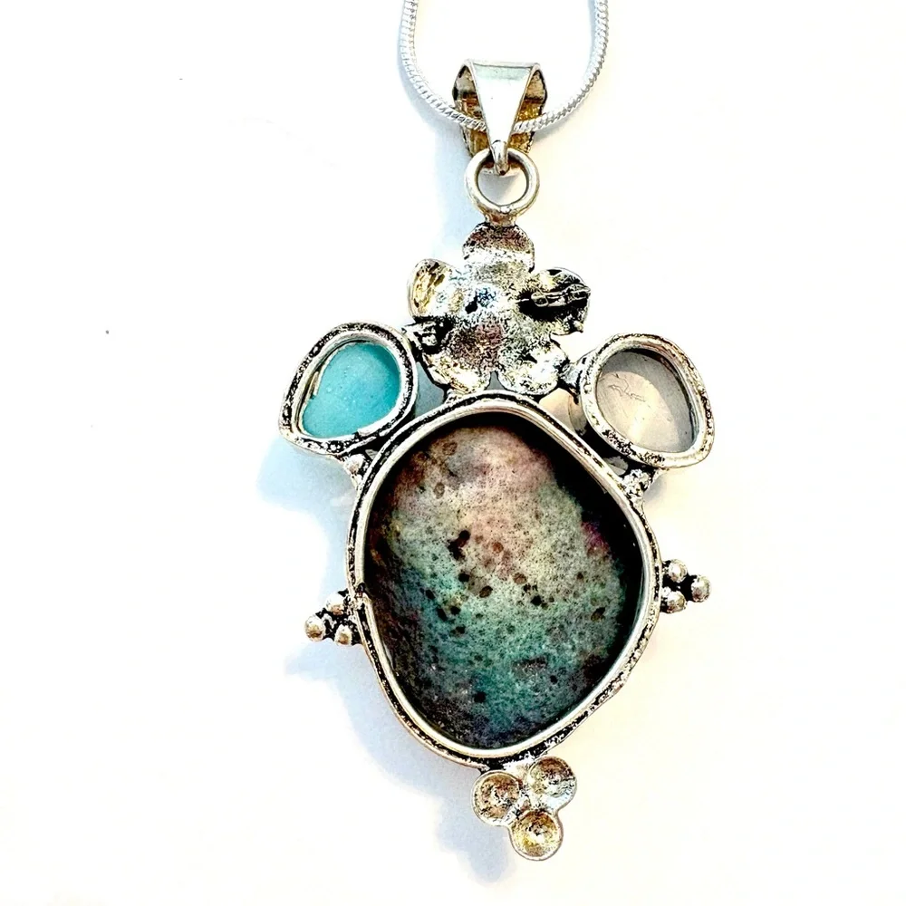 Natural, 2 inch, silver, Willow Leaf Chrysocolla pendant on a silver chain . - Picture 5 of 5
